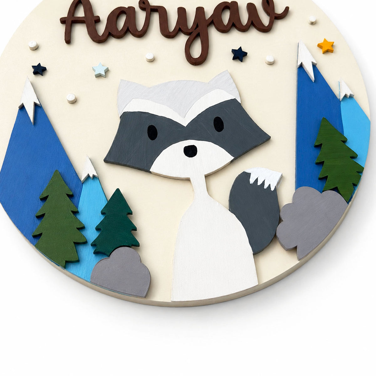 Racoon Themed Hand-Painted Wooden Round Kids Name Plate - Design 2