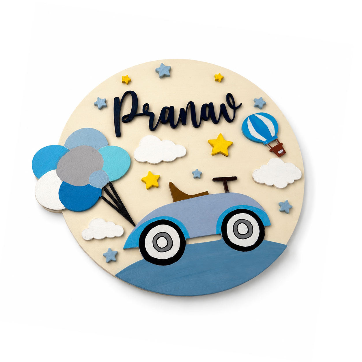 Car Themed Hand-Painted Wooden Round Kids Name Plate - Design 1