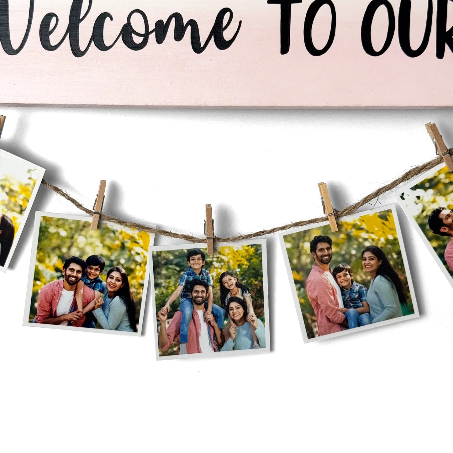 Welcome Hand-Painted Wooden Photo Holder - Blue & Pink