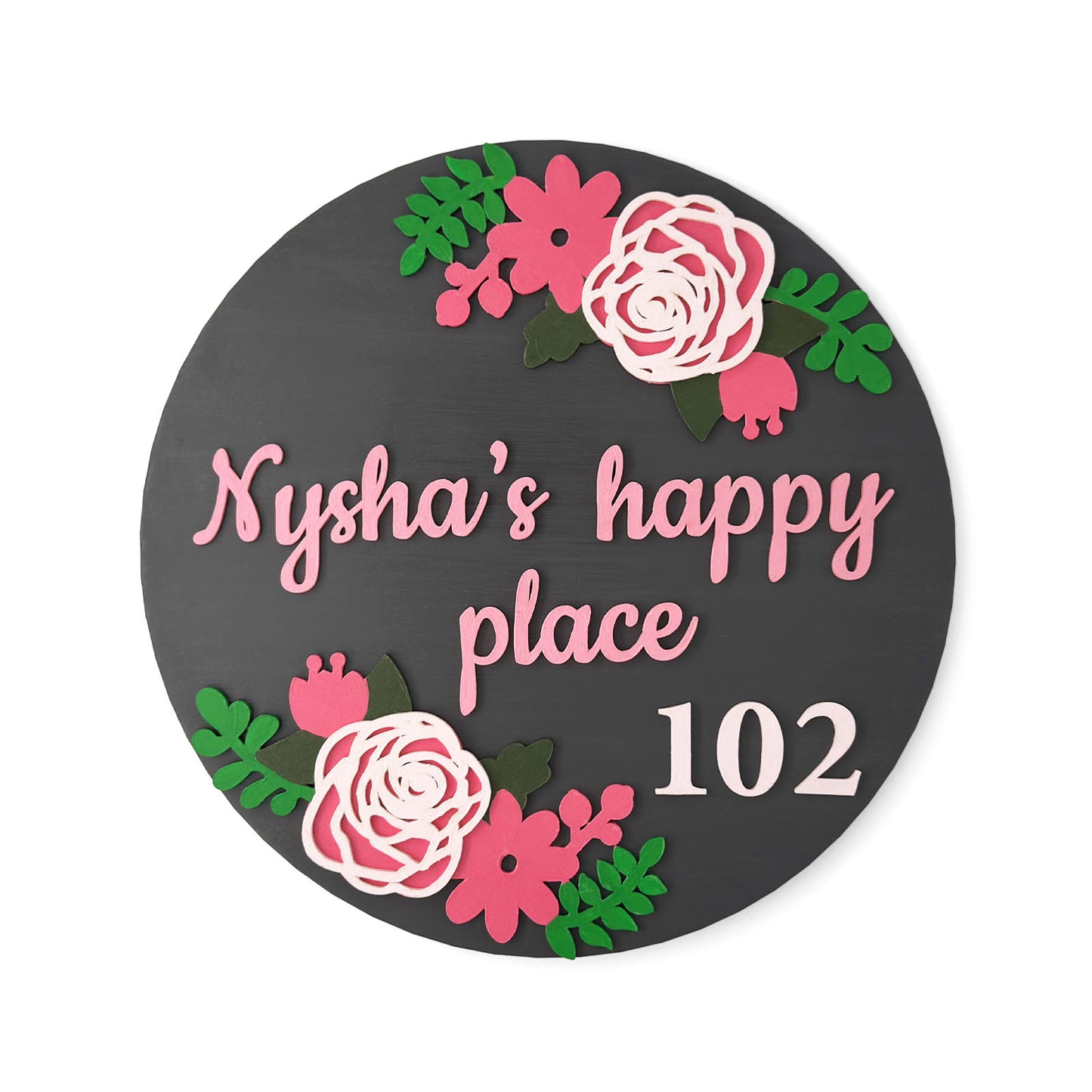 Rose Artwork Hand-Painted Wooden Floral Round Name Plate For Home