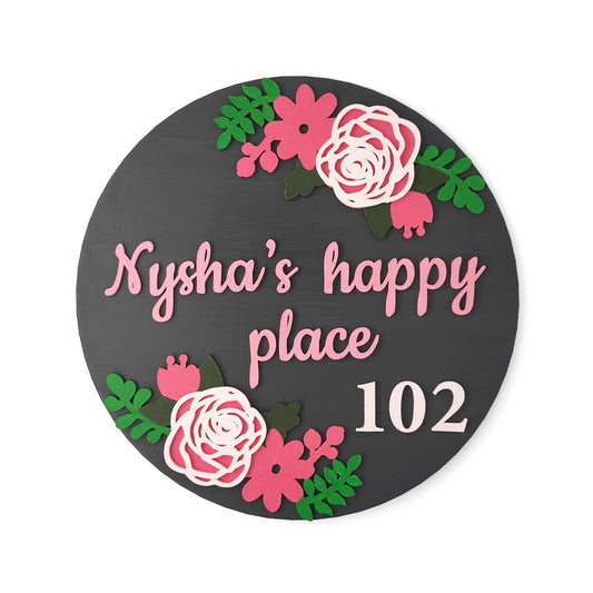 Rose Artwork Hand-Painted Wooden Floral Round Name Plate For Home