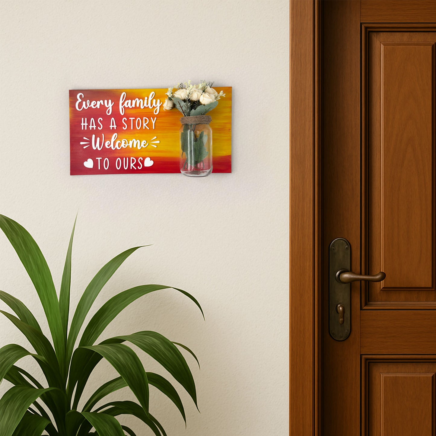 Every Family Has A Story Welcome To Ours Hand-Painted Wooden Name Plate With Jar For Home - Only Jar Board