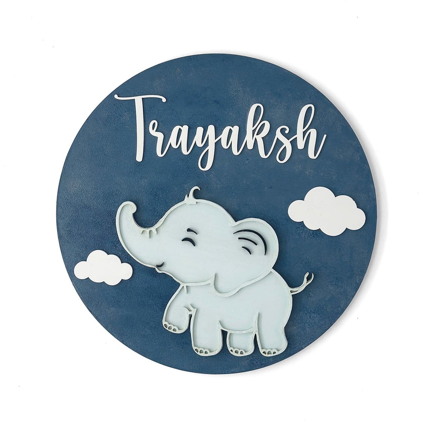 Elephant & Clouds Themed Hand-Painted Wooden Round Kids Name Plate - Design 1