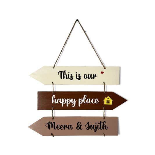 This Is Our Happy Place Hand-Painted Wooden Arrow Plank Name Plate For Home - Three Planks