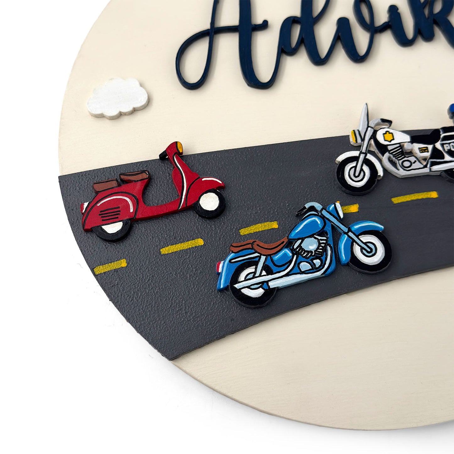 Bikes Themed Hand-Painted Wooden Round Kids Name Plate - Design 1