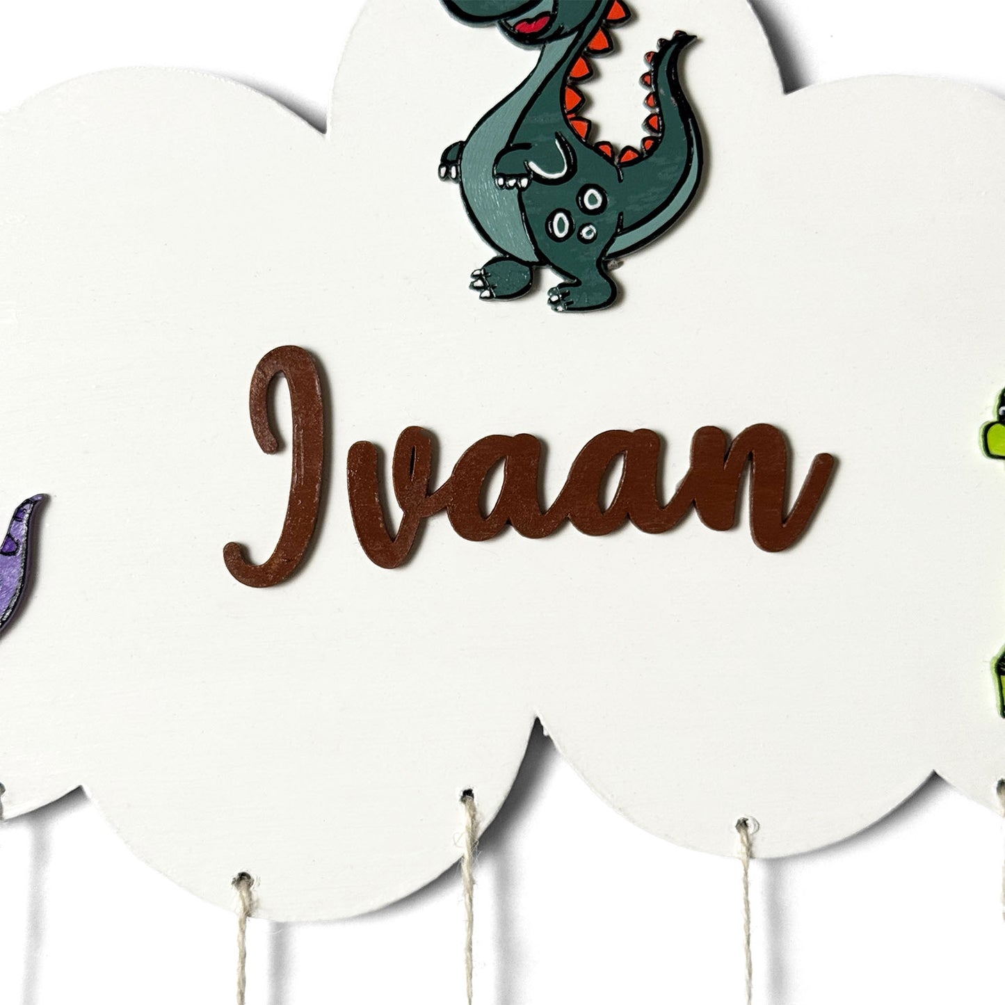 Cloud & Dinosaur Themed Hand-Painted Wooden Kids Name Plate