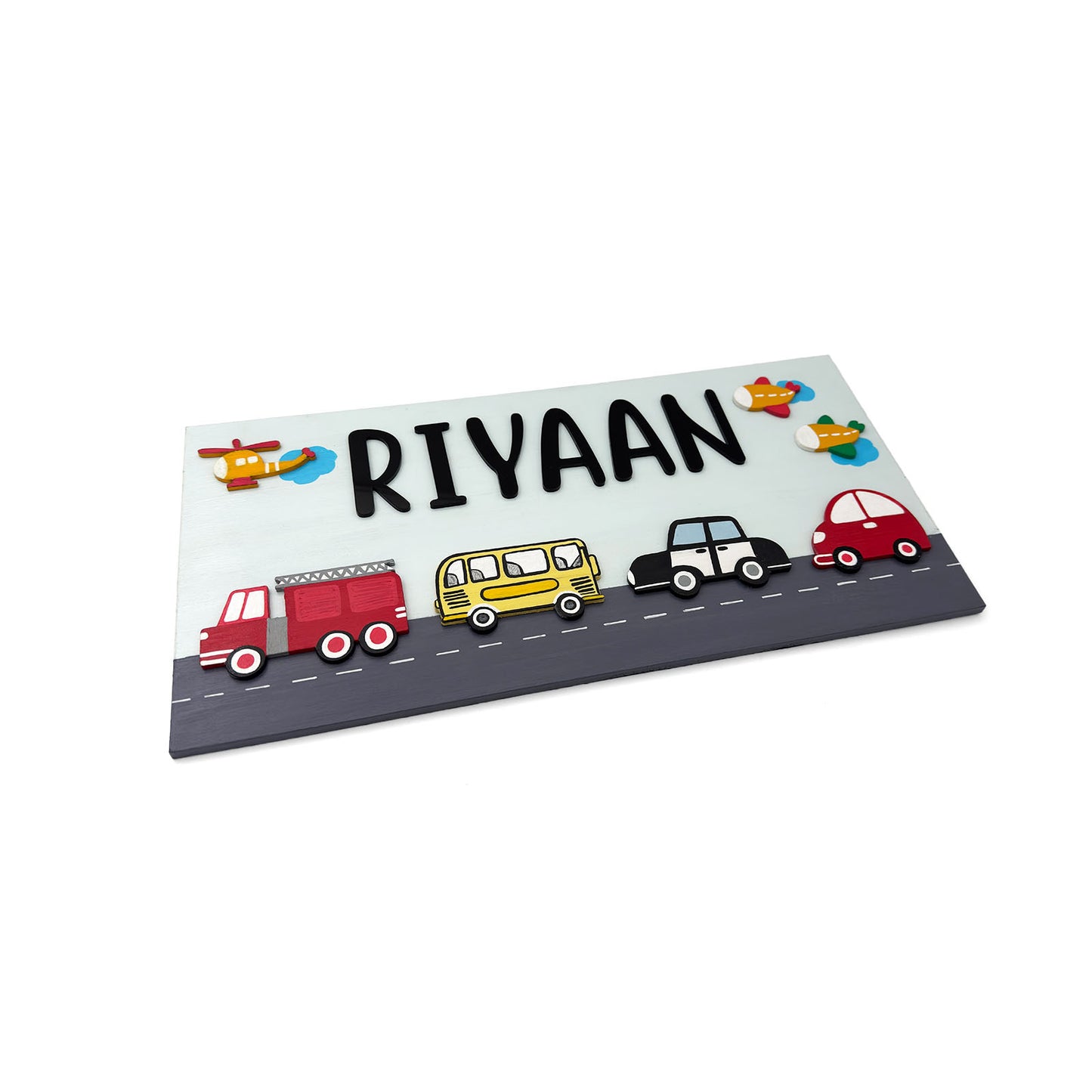 Vehicles Themed Hand-Painted Wooden Kids Name Plate - Light Blue