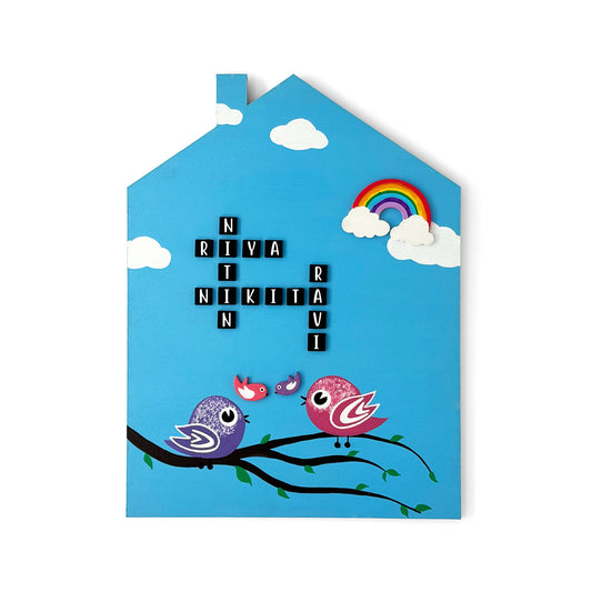 Crossword & Birds Themed Hut-Shaped Hand-Painted Wooden Name Plate For Home - Blue