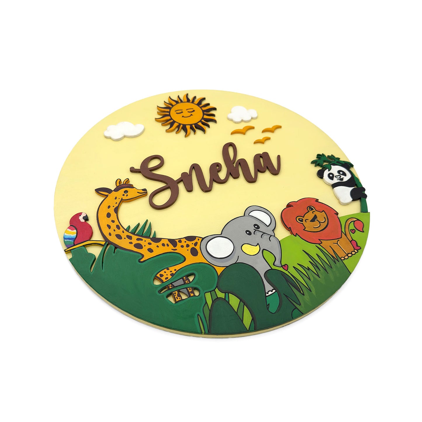 Animal Themed Hand-Painted Wooden Round Kids Name Plate - Design 3