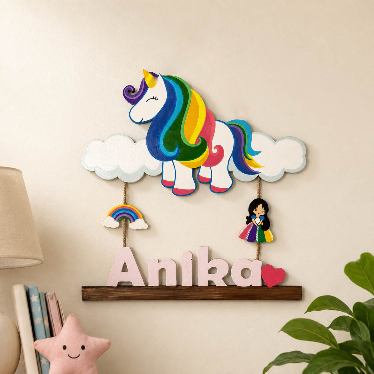 Unicorn Themed Hand-Painted Wooden Kids Name Plate - Design 3