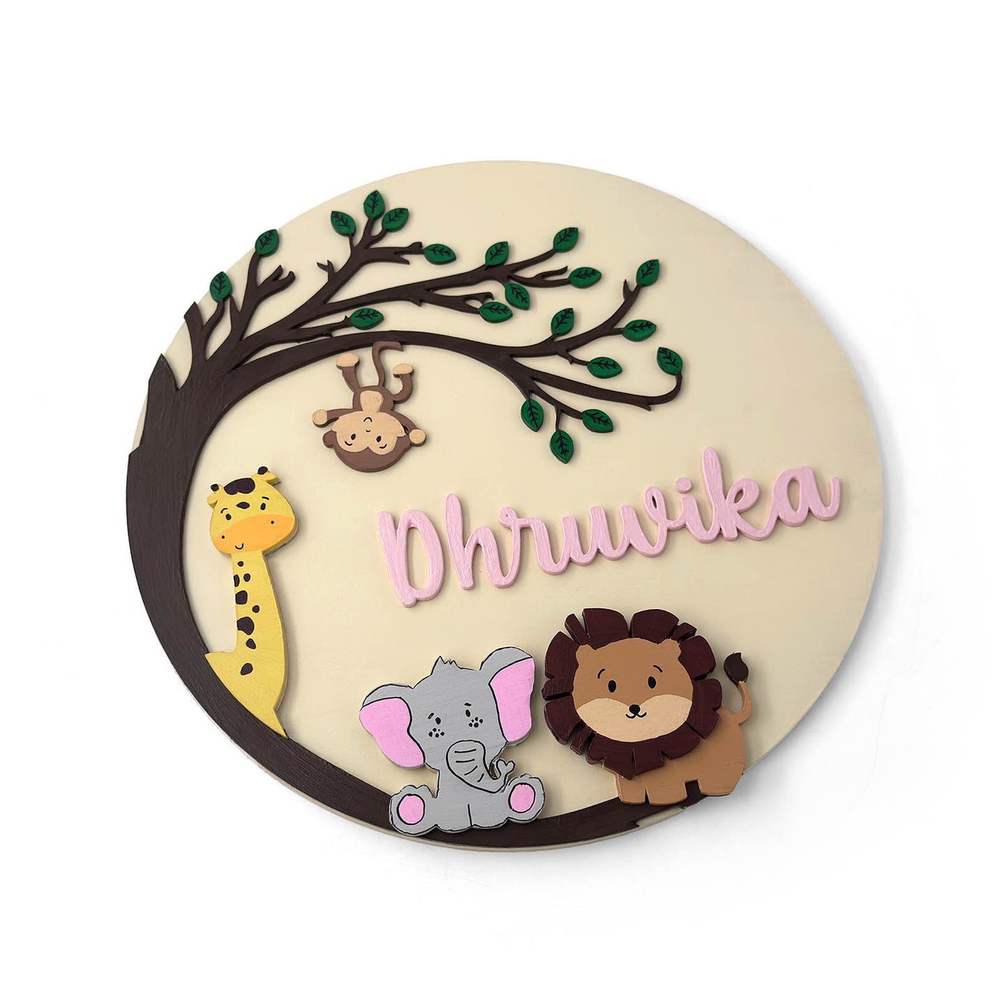 Animal Themed Hand-Painted Wooden Round Kids Name Plate - Design 8