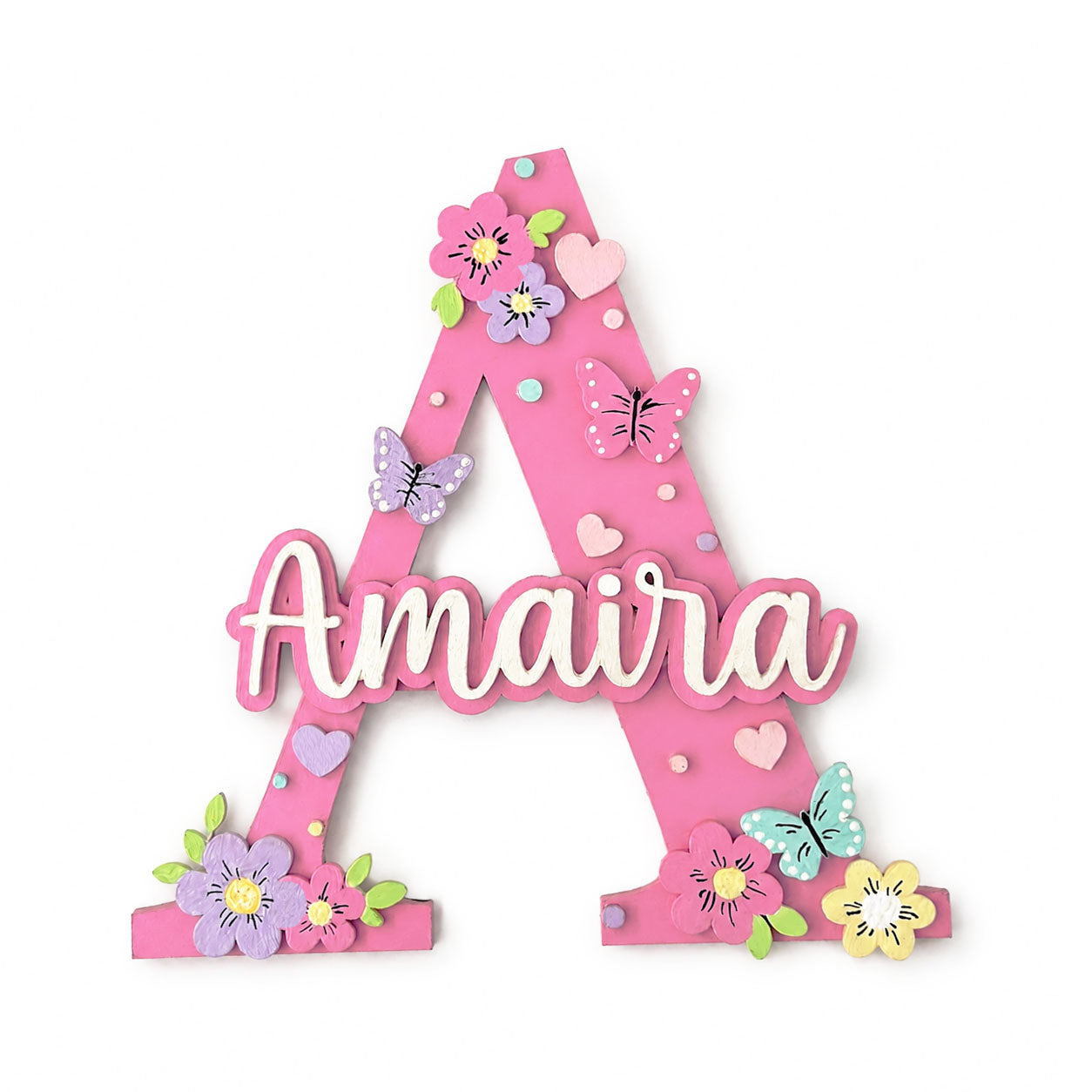 Butterfly & Flower Themed Layered Alphabet Initial Hand-Painted Wooden Kids Name Plate - Design 1