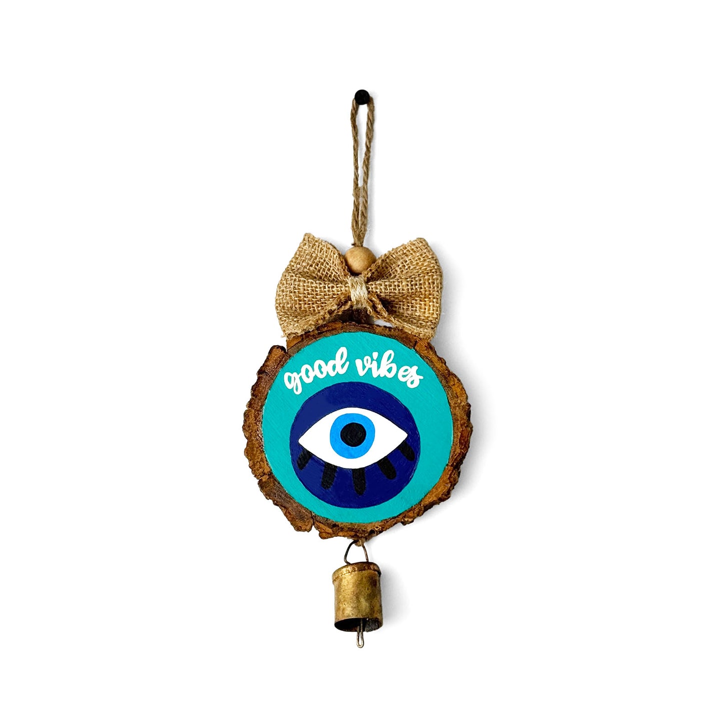 Good Vibes Evil Eye Hand-Painted Wooden Log Wall Hanging