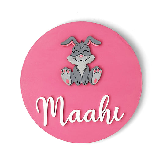 Rabbit Themed Hand-Painted Wooden Name Plate For Kids