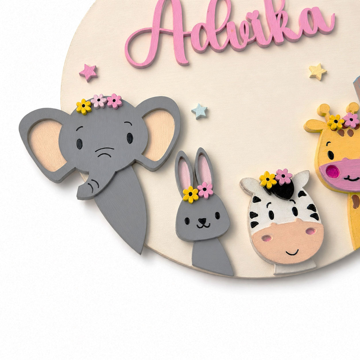 Animal Themed Hand-Painted Wooden Round Kids Name Plate - Design 9