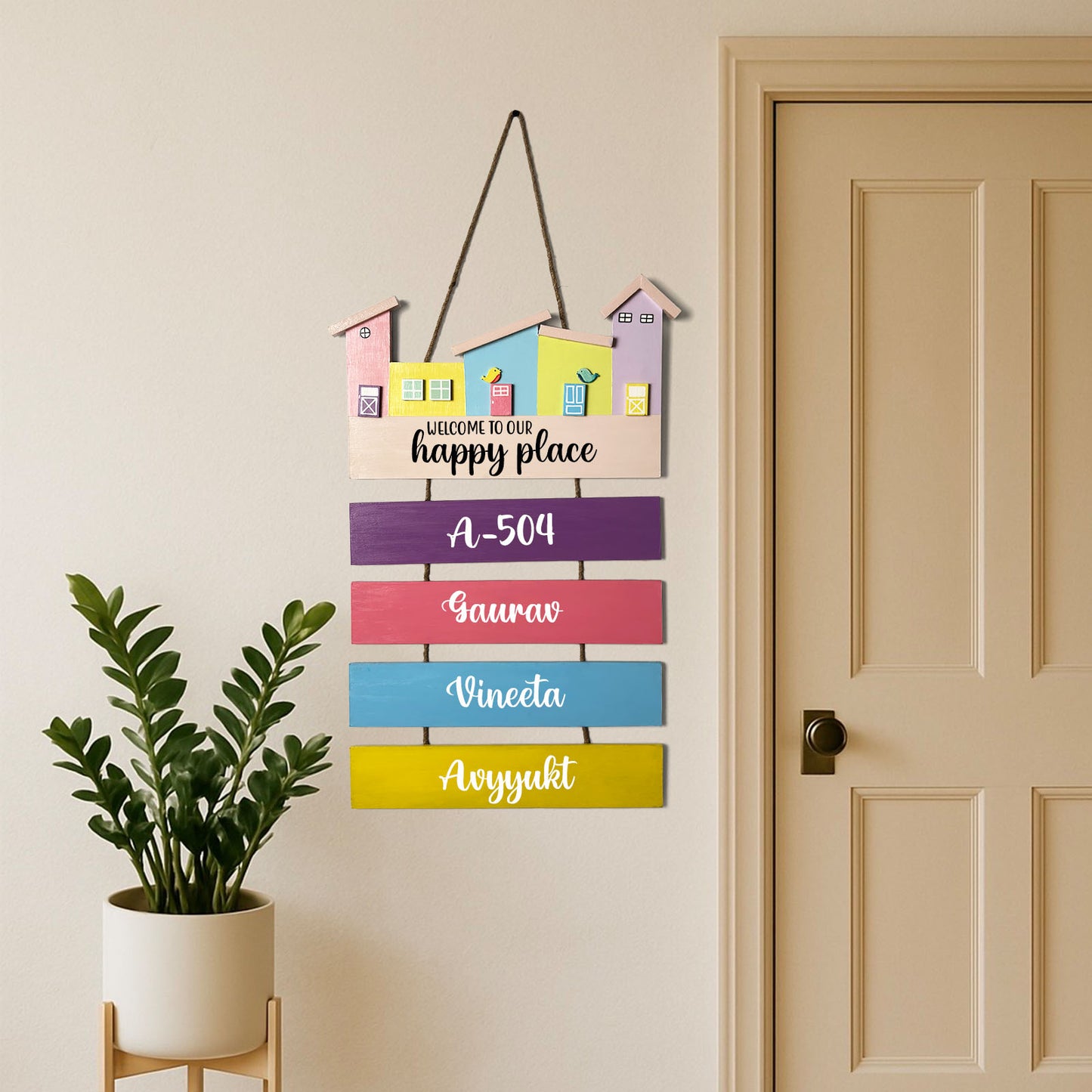 Hut-Shaped Hand-Painted Wooden Name Plate For Home - Hut Board & Four Planks Design 2
