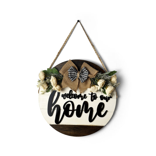 Welcome To Our Home Hand-Painted Wooden Door Hanger - White & Wooden Finish