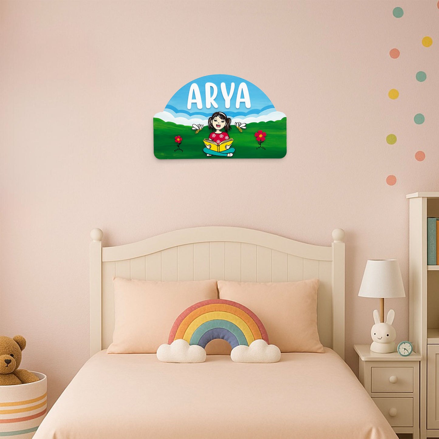 Girl Reading Book Hand-Painted Wooden Kids Name Plate