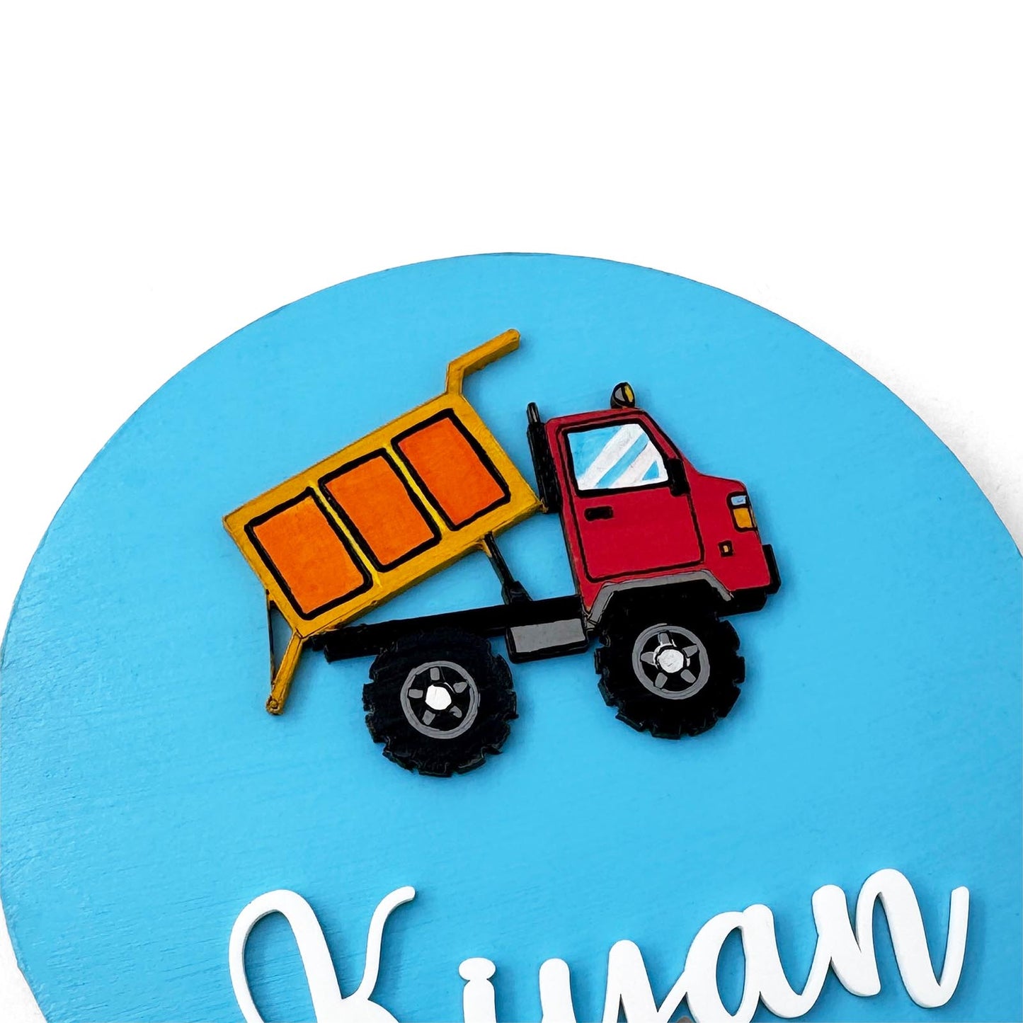 Dump Truck Themed Hand-Painted Wooden Name Plate For Kids