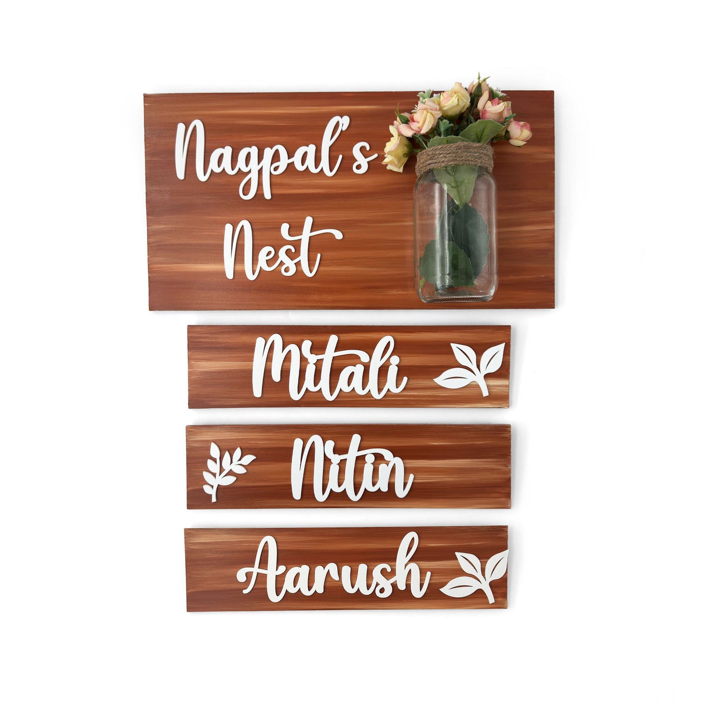 Hand-Painted Wooden Name Plate With Jar For Home - Jar Board & Three Planks