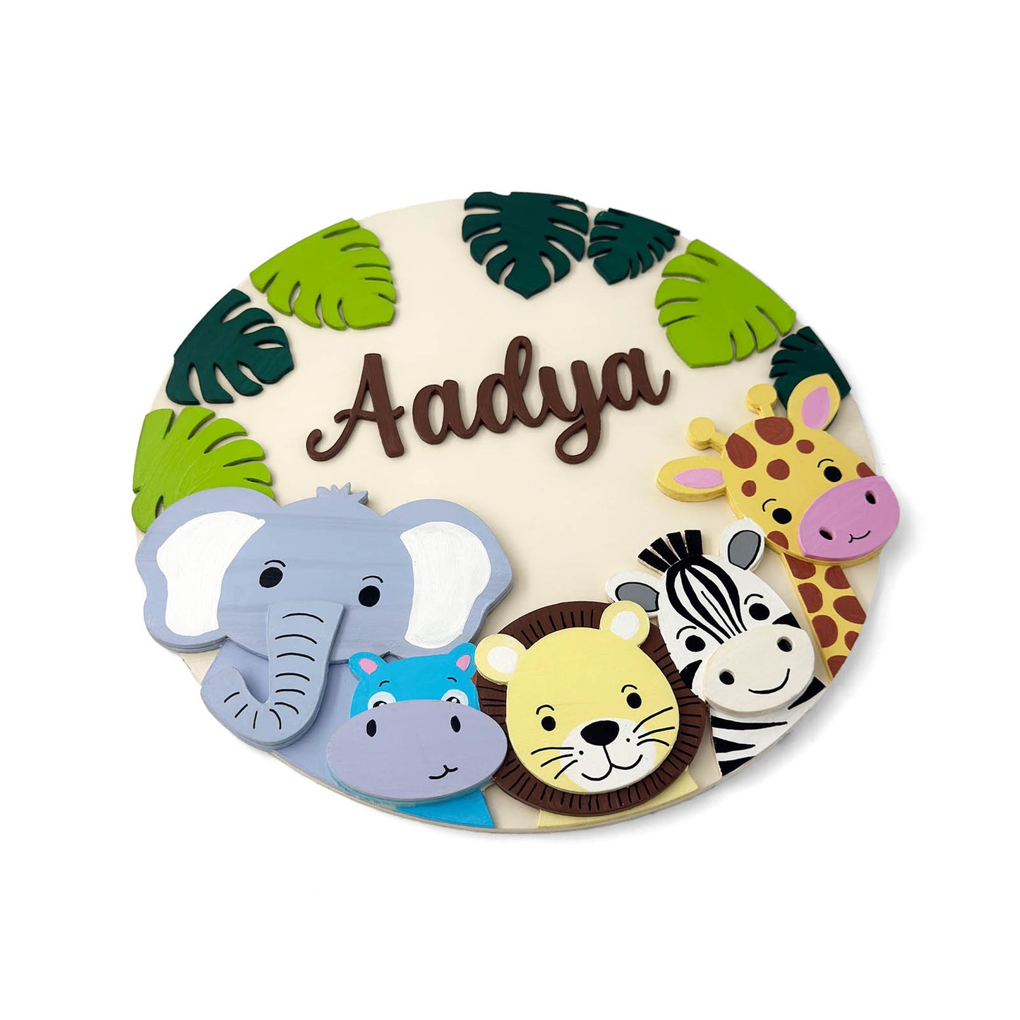 Animal Themed Hand-Painted Wooden Round Kids Name Plate - Design 6