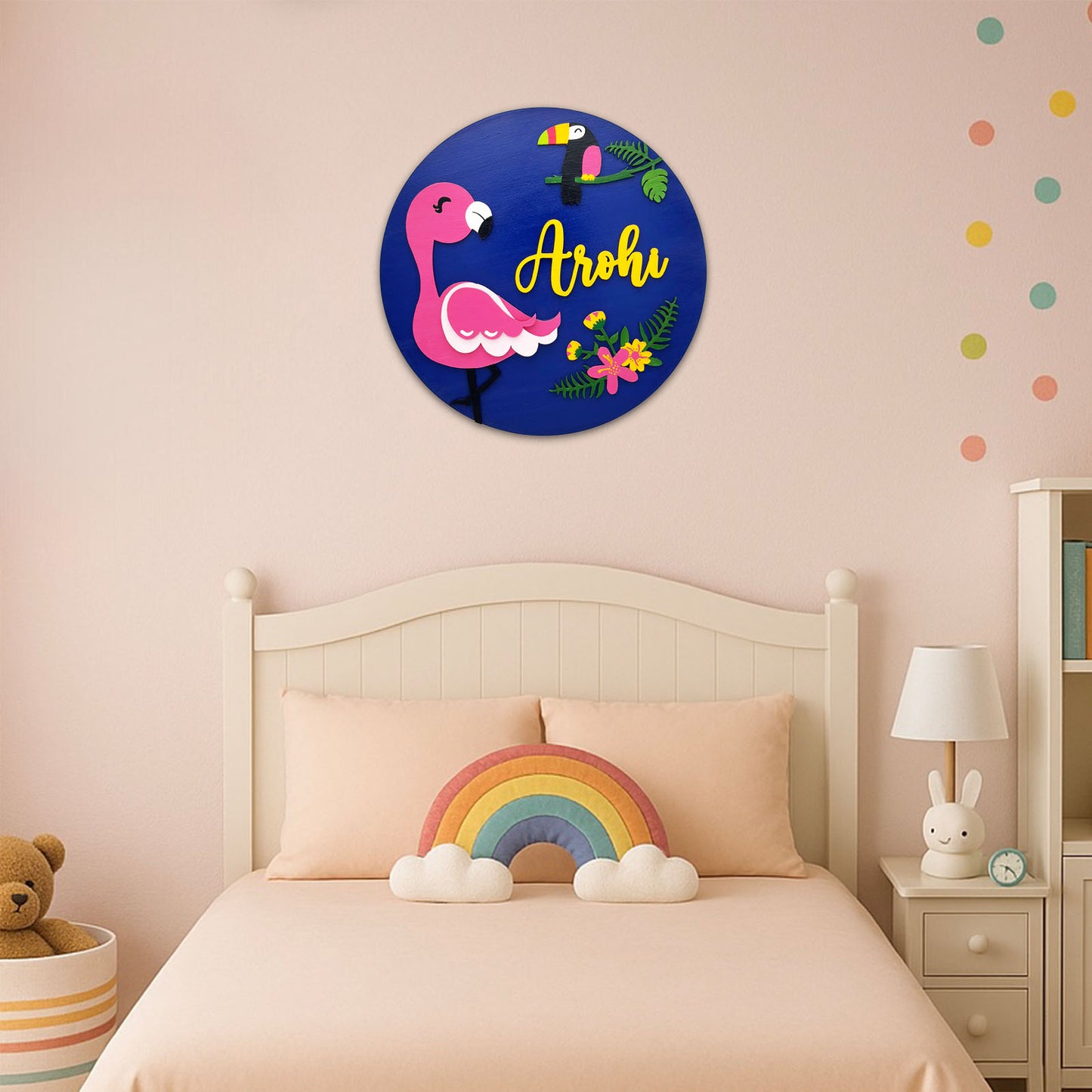 Flamingo Themed Hand-Painted Wooden Kids Name Plate
