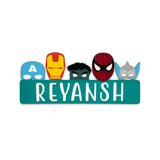 Avengers Themed Hand-Painted Wooden Kids Name Plate - Teal