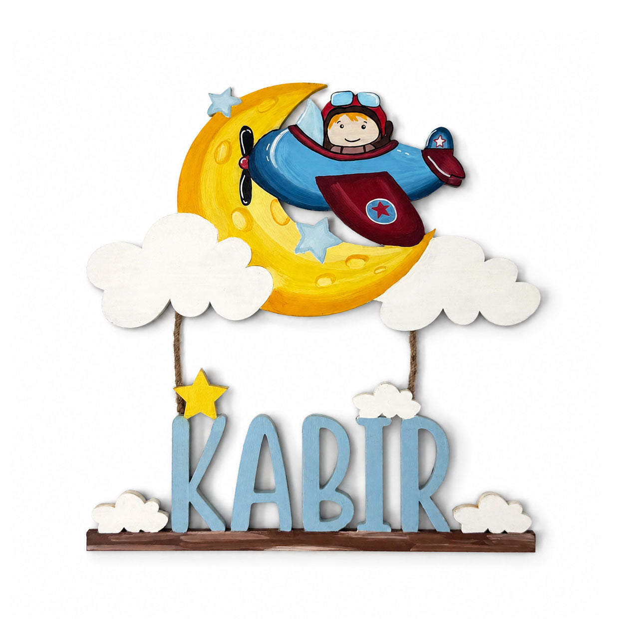 Airplane Pilot Themed Hand-Painted Wooden Kids Name Plate - Design 4
