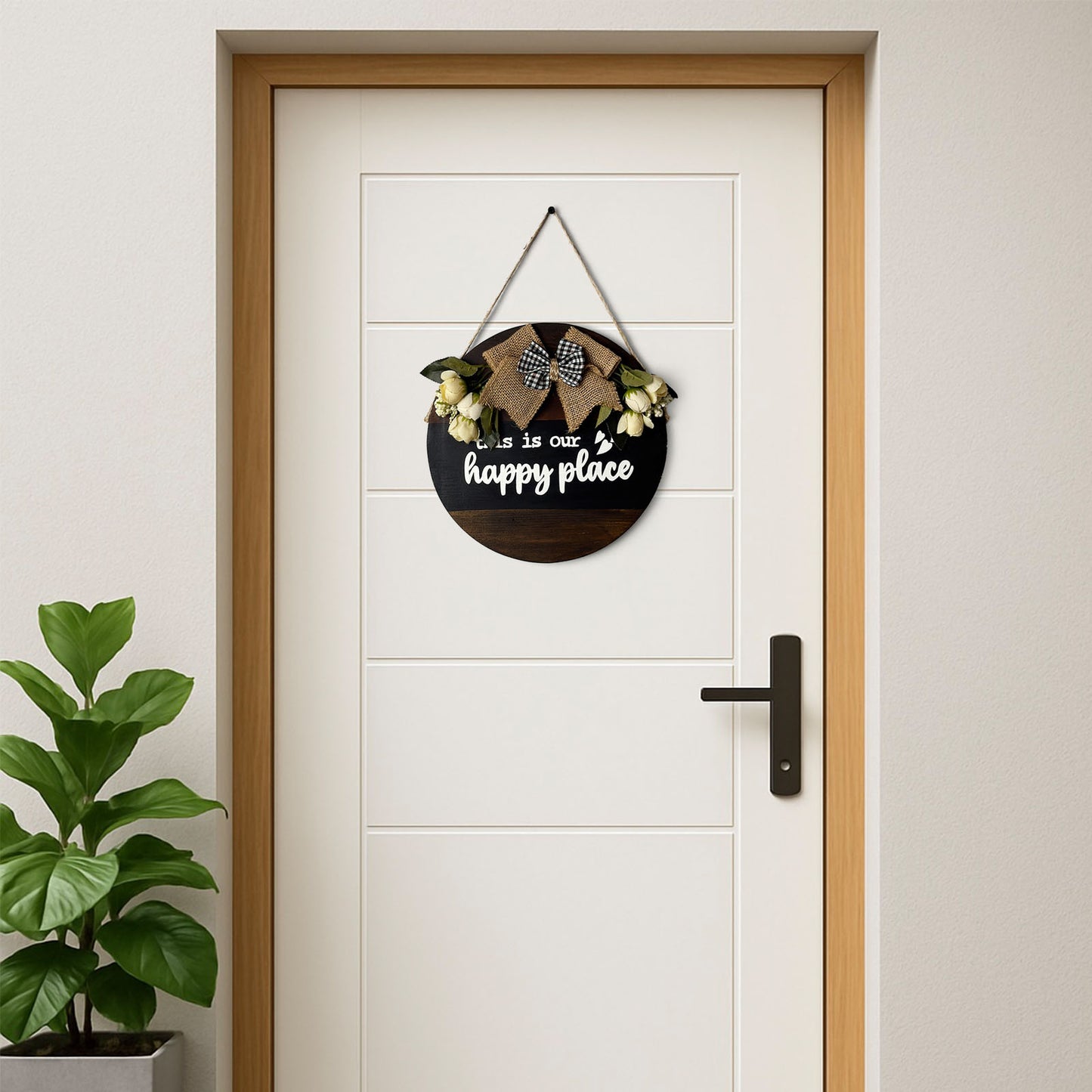 This Is Our Happy Place Hand-Painted Wooden Door Hanger - Black & Wooden Finish