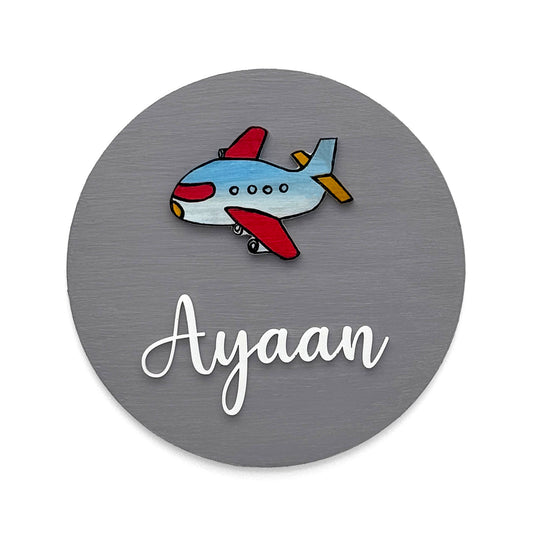Aeroplane Themed Hand-Painted Wooden Mini Kids Name Plate