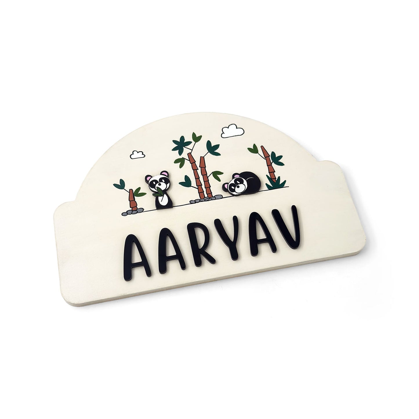 Panda Themed Hand-Painted Wooden Arch-Shaped Kids Name Plate