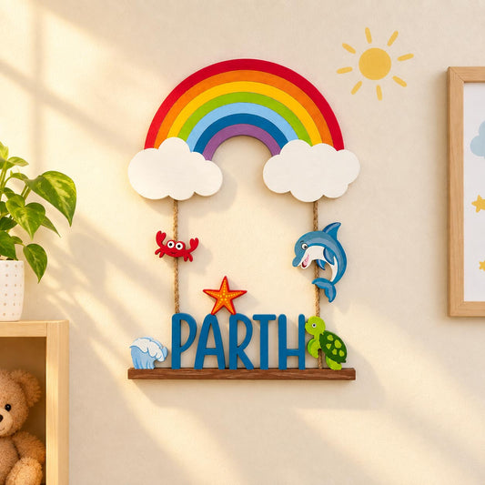 Rainbow & Ocean Themed Hand-Painted Wooden Kids Name Plate - Design 1