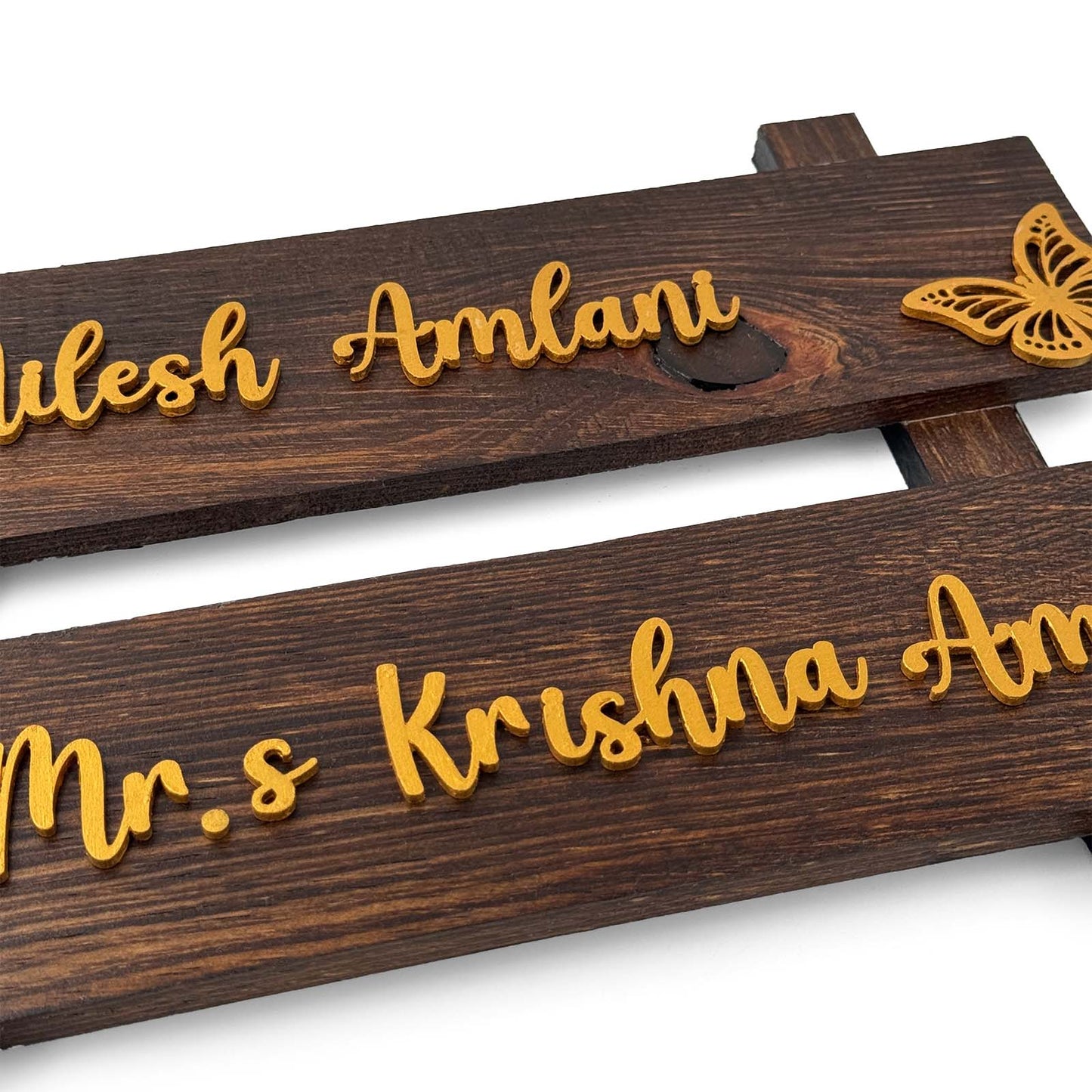 Butterfly & Flower Themed Hand-Painted Wooden Two Plank Name Plate For Home - Wooden Finish