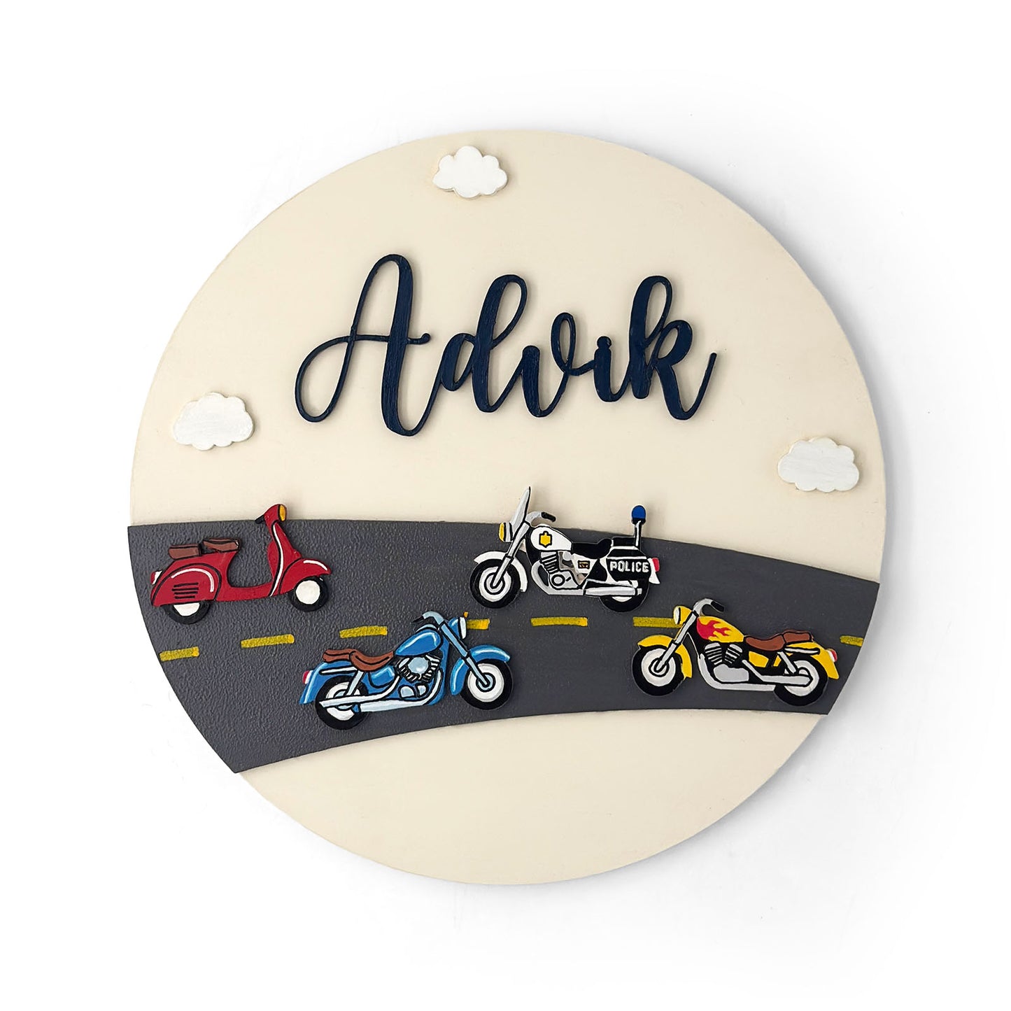 Bikes Themed Hand-Painted Wooden Round Kids Name Plate - Design 1