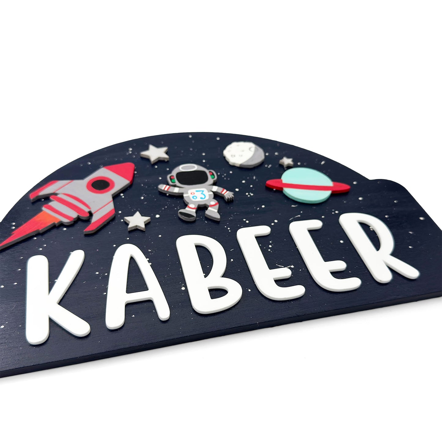 Space  Themed Hand-Painted Wooden Kids Name Plate - Blue