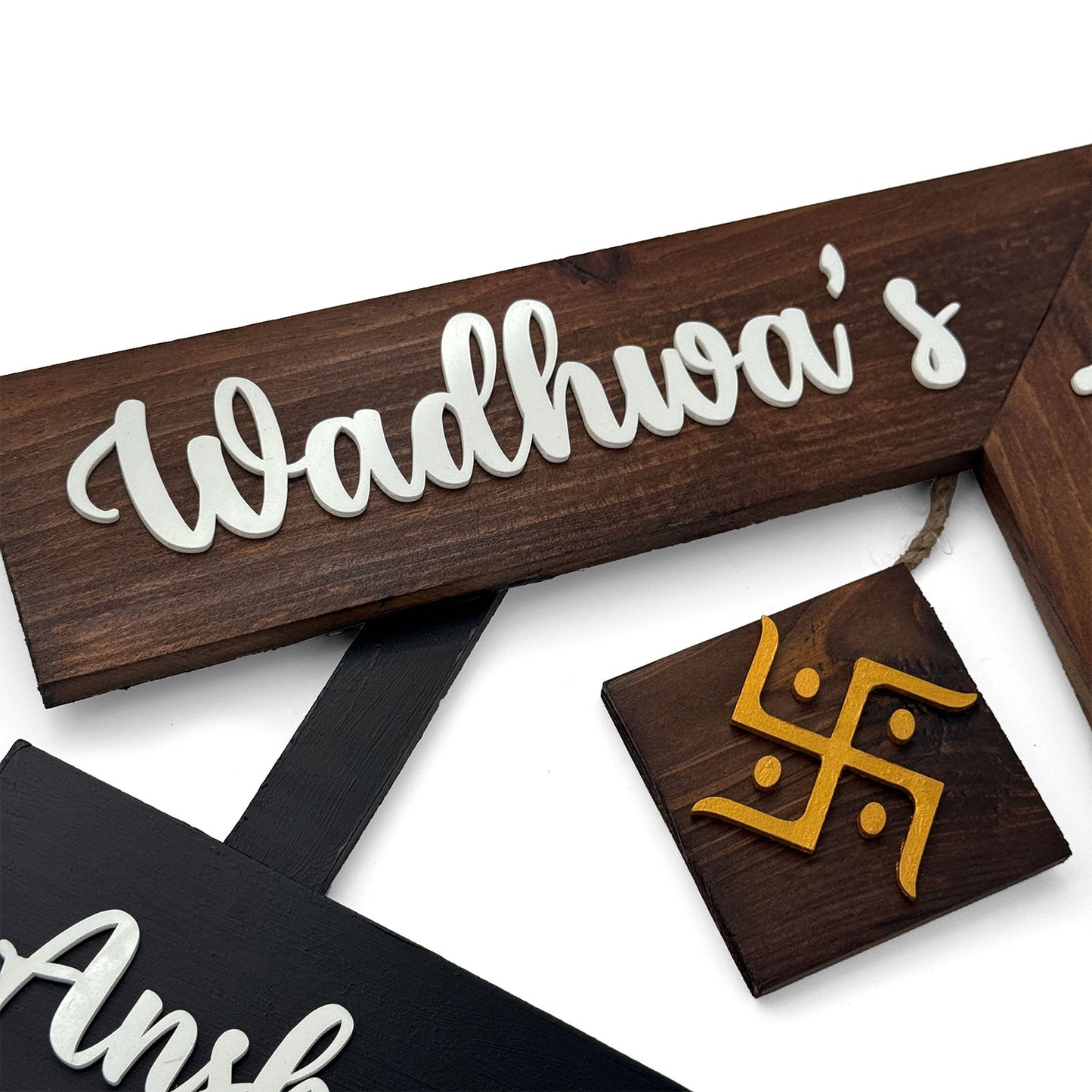 House With Roof And Double Plank Hand-Painted Wooden Hut-Shaped Name Plate For Home - Black & Wooden Finish