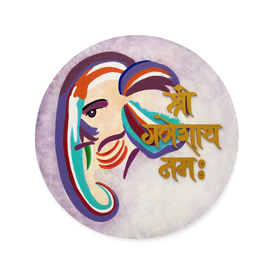 Shree Ganeshaya Namah Hand-Painted Wooden Round Wall Hanging - Pastel
