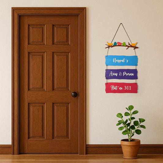Birds Themed Hand-Painted Wooden Name Plate For Home - Three Planks