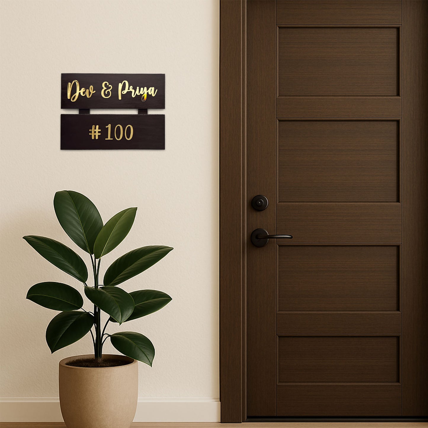 Hand-Painted Wooden Two Plank Name Plate For Home - Dark Brown