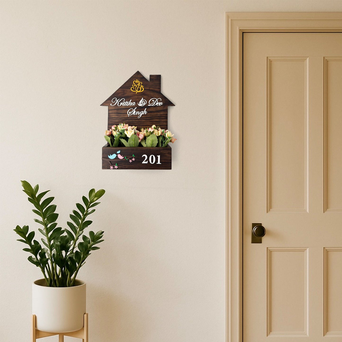 Hut-Shaped Hand-Painted Wooden Planter Name Plate For Home - Wooden Finish
