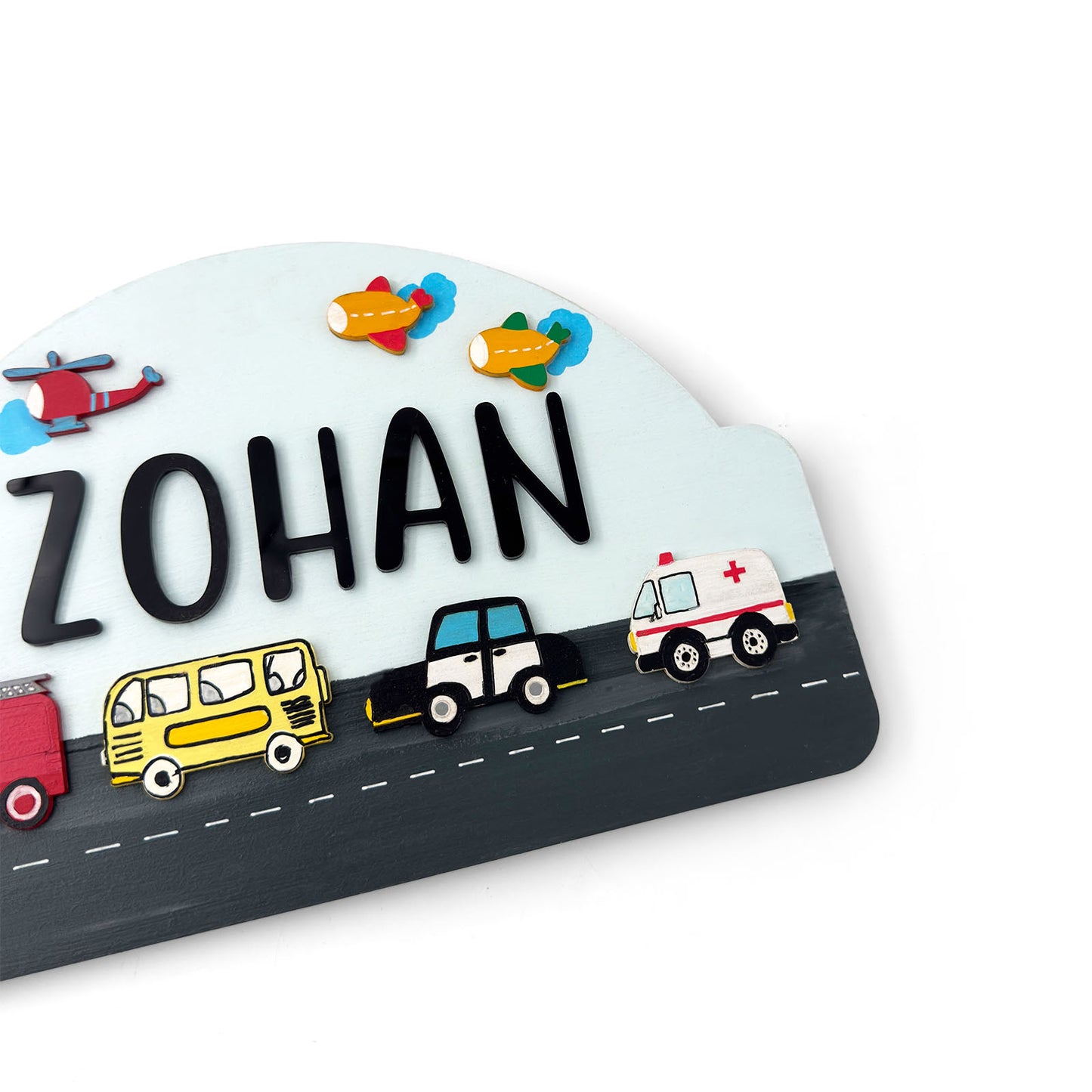 Vehicles Themed Hand-Painted Wooden Arch-Shaped Kids Name Plate
