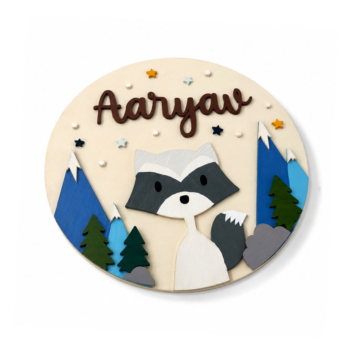 Racoon Themed Hand-Painted Wooden Round Kids Name Plate - Design 2