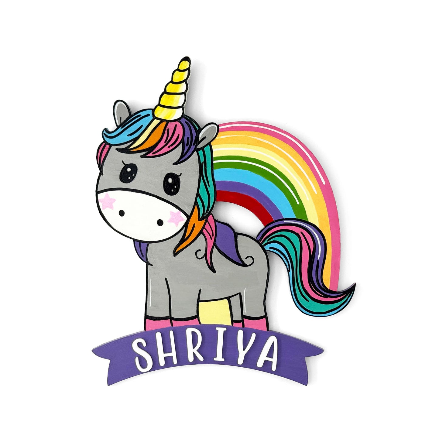 Unicorn Themed Hand-Painted Wooden Kids Name Plate -  Purple