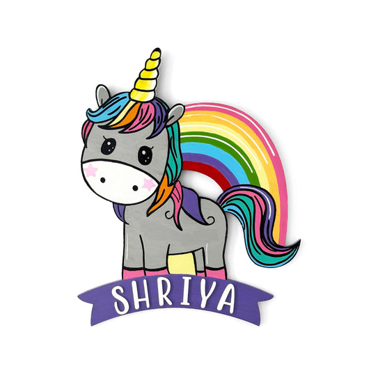 Unicorn Themed Hand-Painted Wooden Kids Name Plate -  Purple