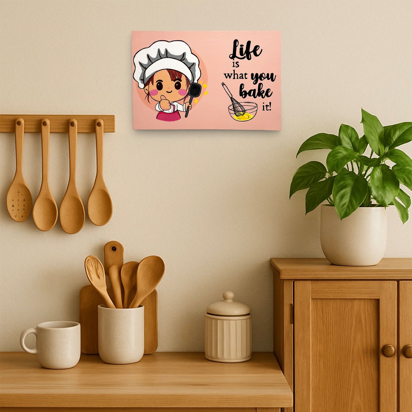 Life Is What You Bake It Hand-Painted Wooden Kitchen Wall Hanging - Pink