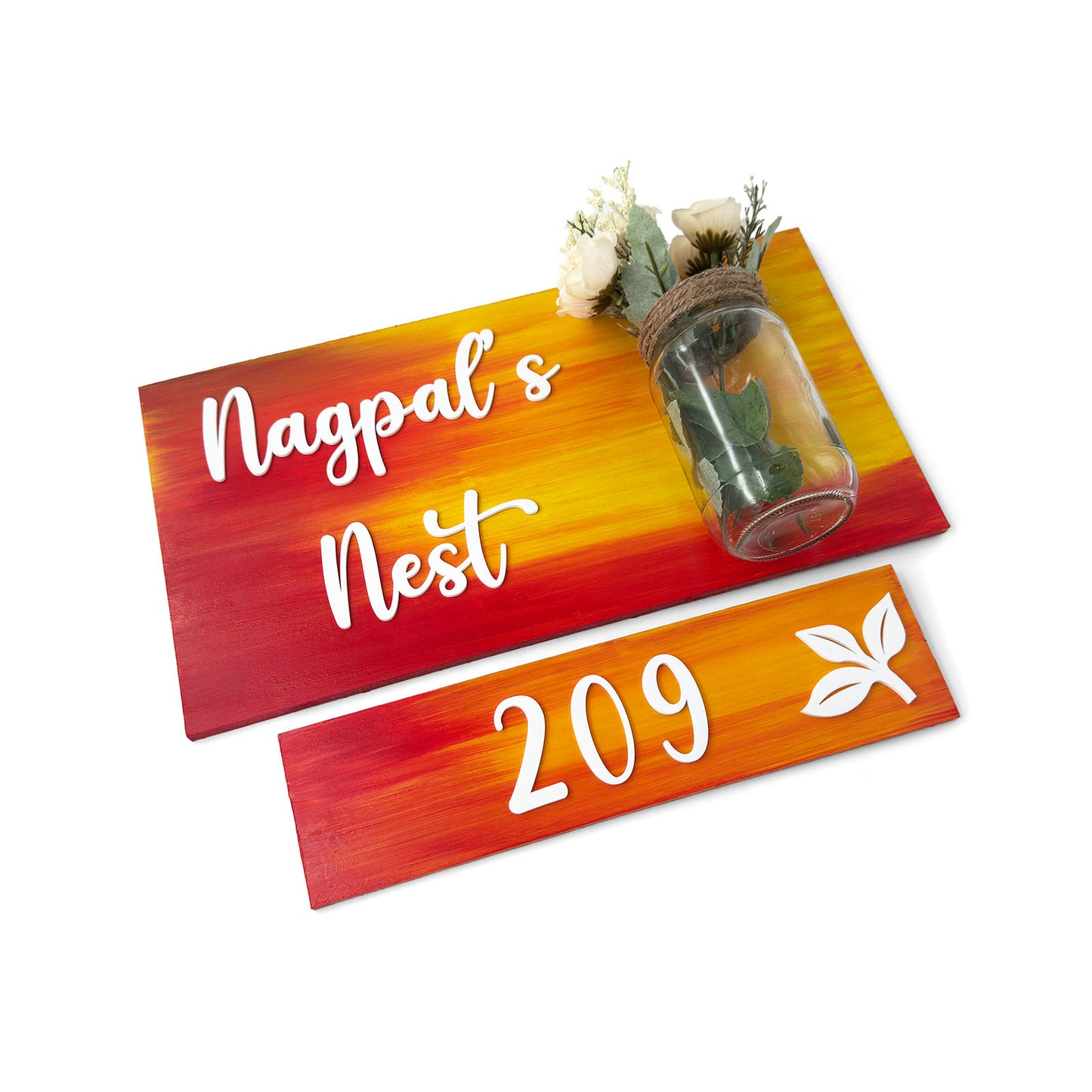 Hand-Painted Wooden Name Plate With Jar For Home - Jar Board & One Plank