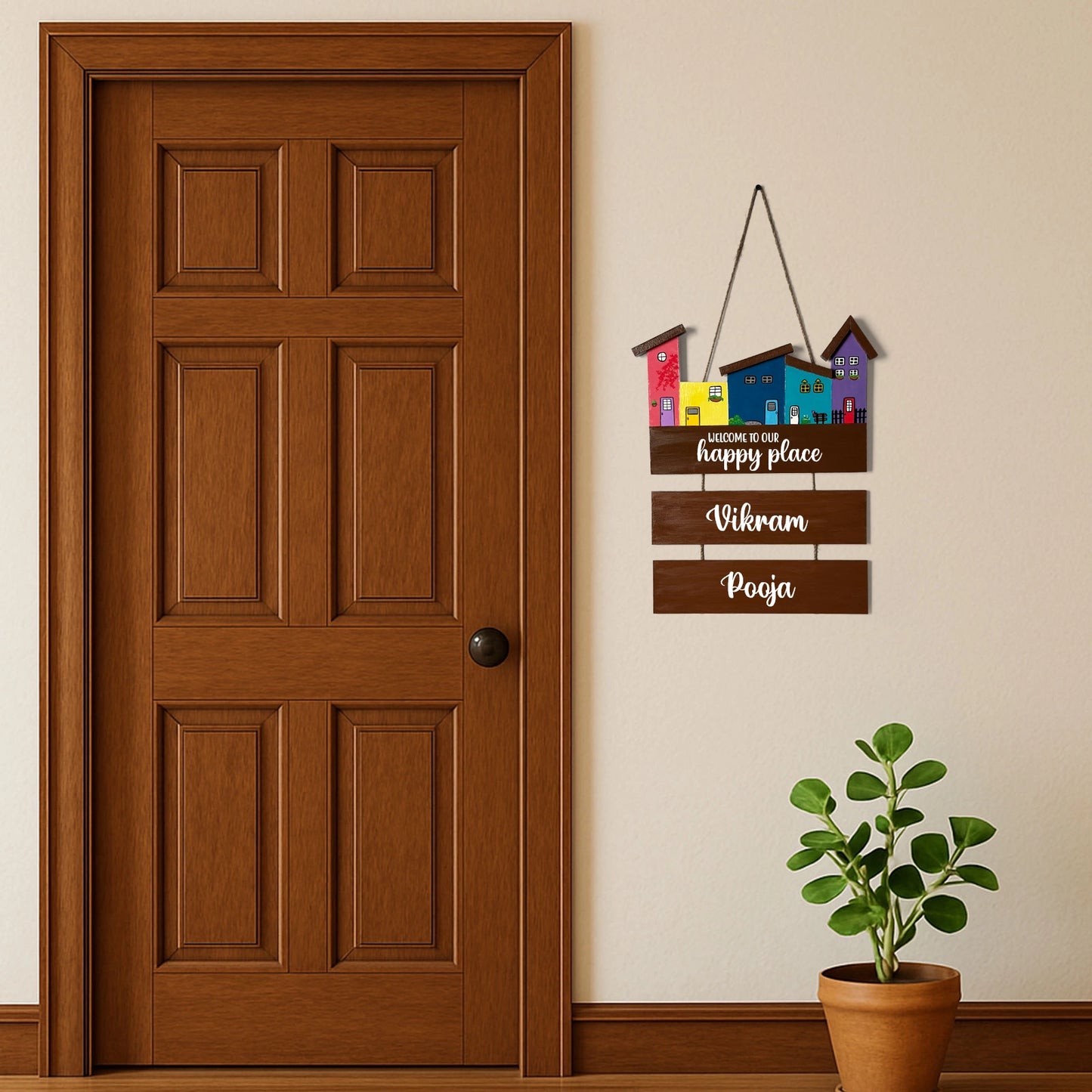 Hut-Shaped Hand-Painted Wooden Name Plate For Home - Hut Board & Two Planks Design 3