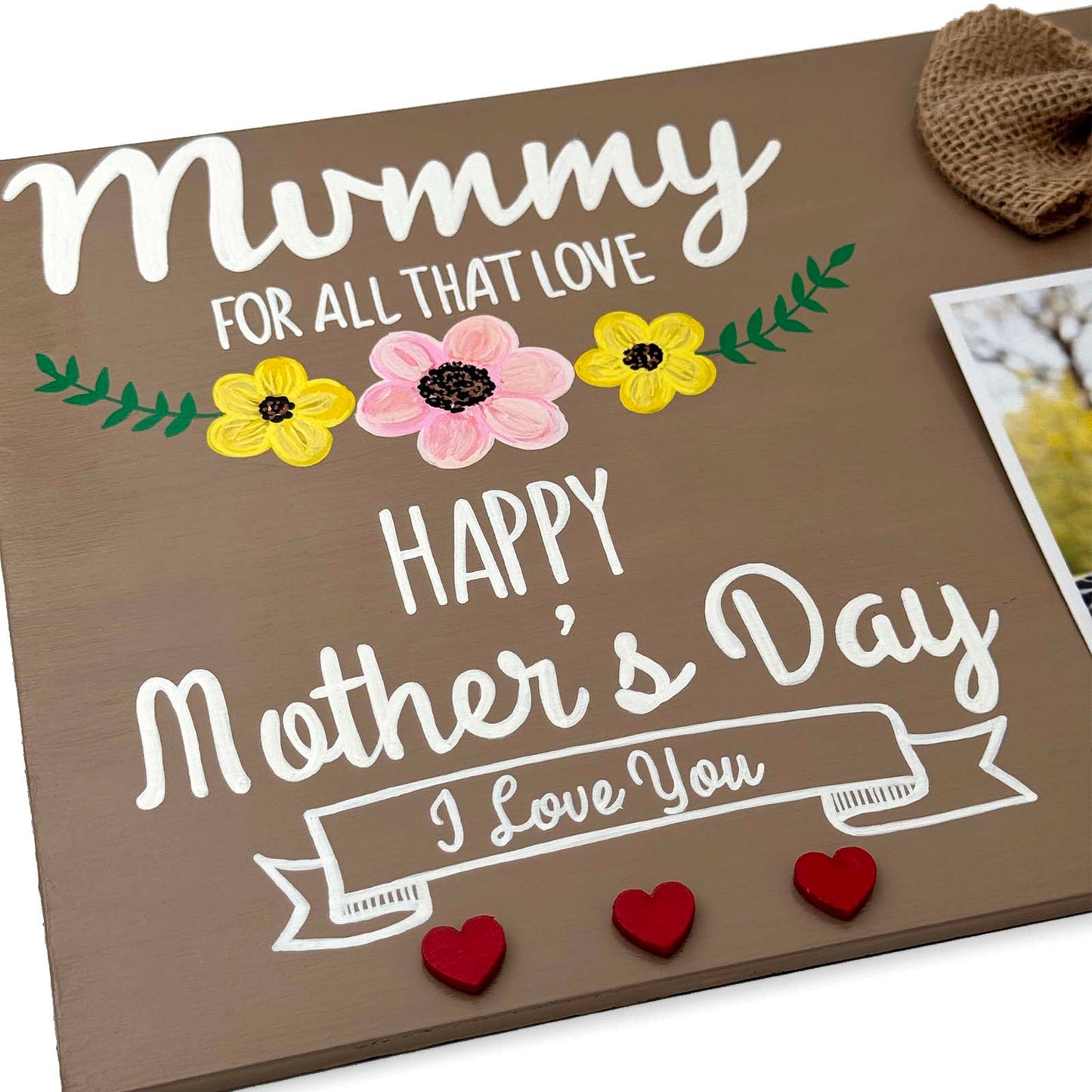 Mother's Day Hand-Painted Wooden Photo Holder - Light Brown