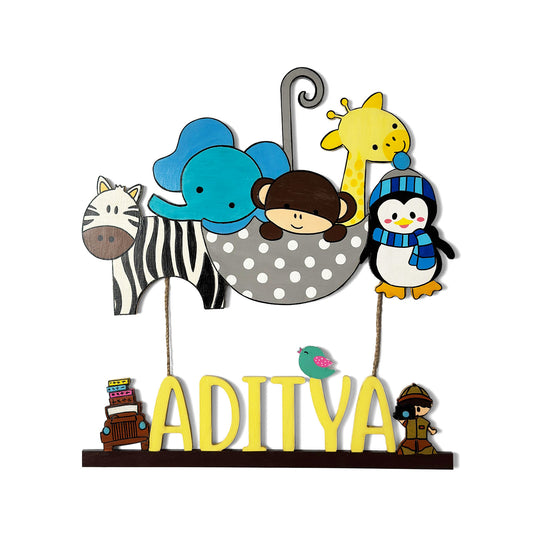 Animal Themed Hand-Painted Wooden Kids Name Plate - Design 1