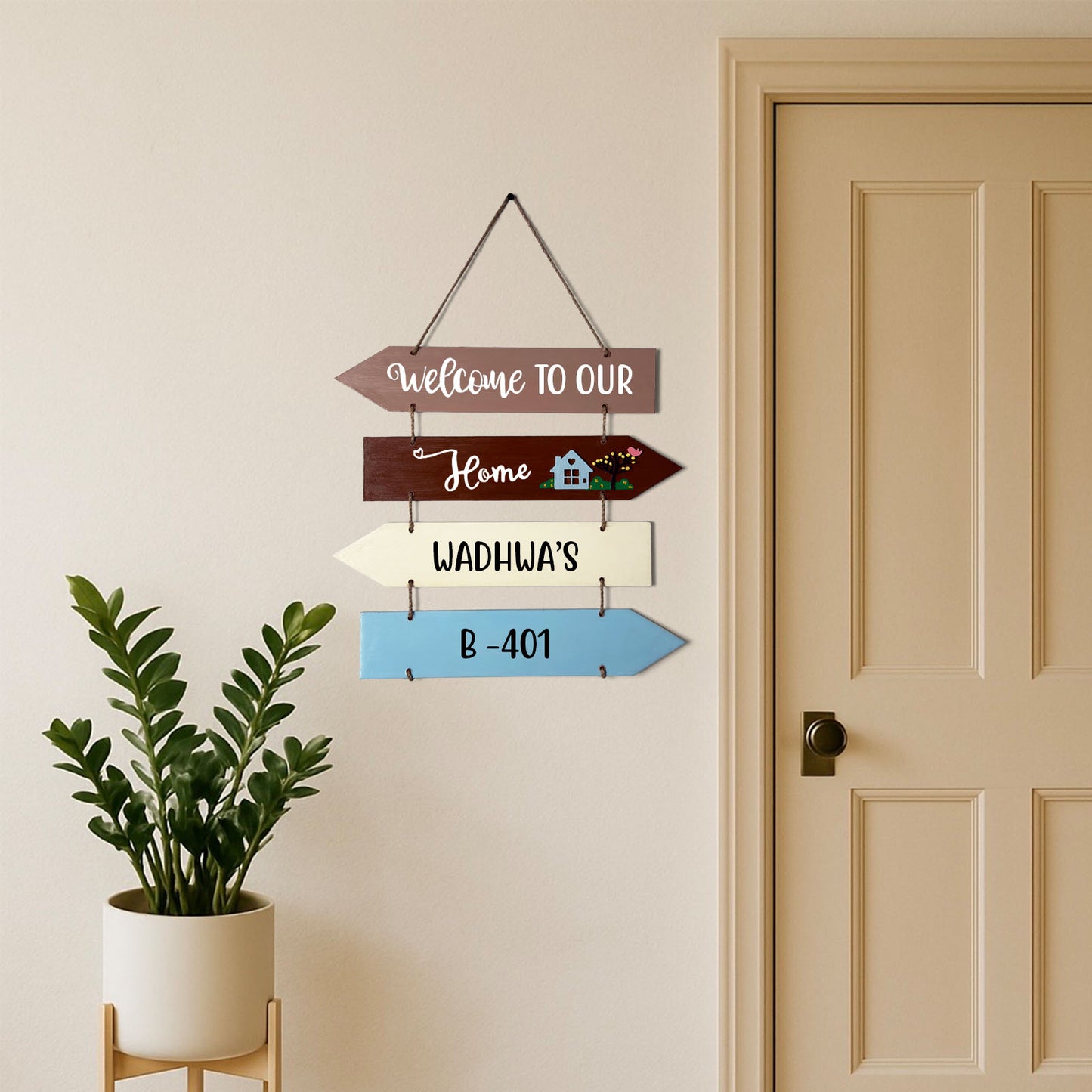 Welcome To Our Home Hand-Painted Wooden Four Arrow Plank Name Plate For Home - Brown